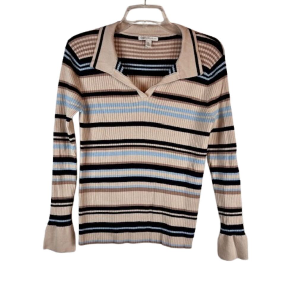 Cato Striped Ribbed Knit Polo Top Long Bell Sleeve V-Neck Sweater Tan Blue XL